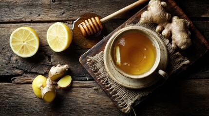 Herbal Tea with Ginger, Honey, and Lemon on Rustic Wooden Table
