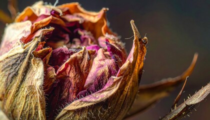 Dry rosebud displays intricate texture and deep color with shallow depth of field.