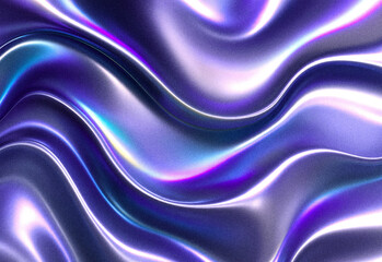 Abstract, fluid metallic surface with iridescent purple and blue waves, silky gradients and glossy reflections creating a luxurious futuristic background for technology and branding