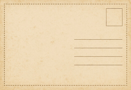 Back of a vintage postcard showing a blank address area, a top right stamp box, and a dotted border on aged beige paper, ideal as a design background for correspondence