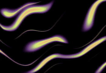 Abstract neon ribbons of purple and yellow glow flow across a dark background, creating energetic waves suitable for digital design, technology visuals, and creative projects
