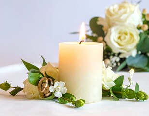 Lit candle with wedding rings and white roses on a white background.