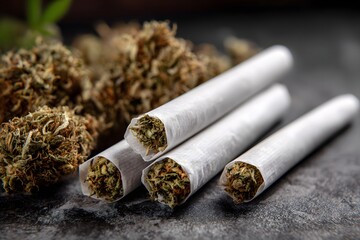Bunch of marijuana buds are sitting on a table next to a pack of cigarettes. Scene is somewhat rebellious and edgy, as it suggests that the person who owns the marijuana