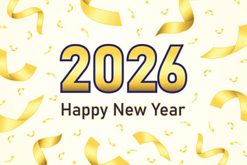 celebration happy new year 2026 with ribbon gold color on yellow background celebration party theme poster vector illustration
