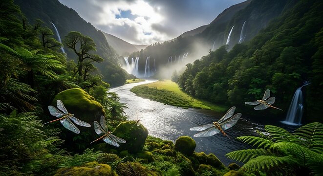 Majestic mountain valley with cascading waterfalls and a winding river
