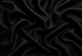 Close up of luxurious black satin fabric with smooth flowing folds and rich reflective sheen, showcasing elegant texture for fashion, interiors, design, and product photography