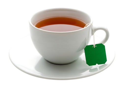 A white ceramic cup filled with hot amber tea and a green tea bag on a matching saucer isolated on transparent background