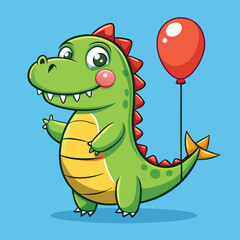 Fototapeta premium Adorable cartoon green dinosaur character holding a red balloon