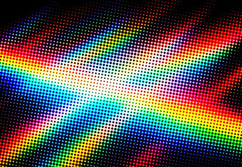 Abstract close-up of a vivid rainbow cross pattern created by dotted multicolor LEDs and light reflections, showcasing vibrant spectrum tones, texture, and dynamic modern design
