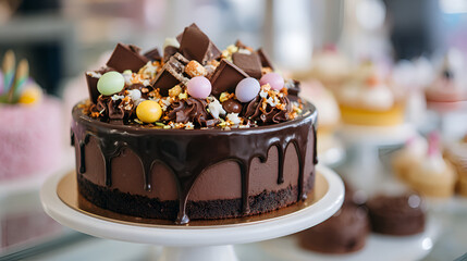 Chocolate cake with ganache and pastel decorations