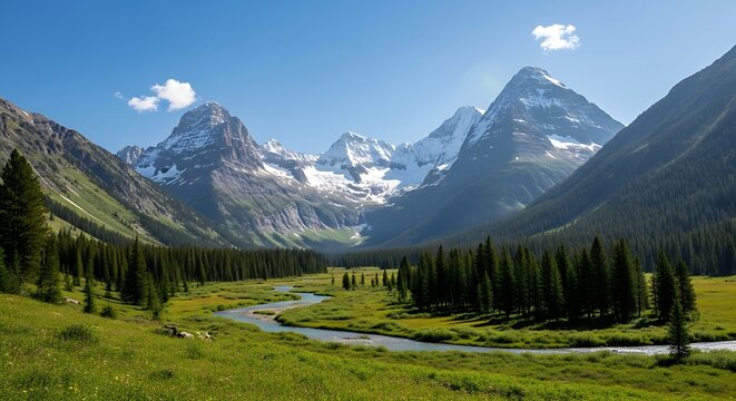 Pristine alpine valley with a meandering river and snow covered peaks.