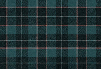 Close up of a dark teal and green plaid fabric texture with subtle red grid lines, a soft wool weave suitable for fashion, upholstery, crafts, and cozy winter apparel design