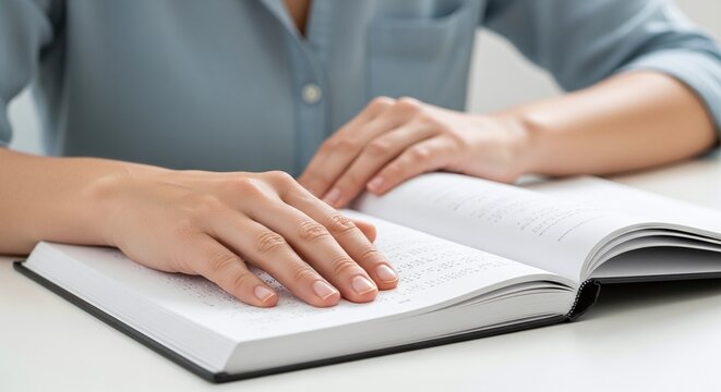 Hands reading Braille text, highlighting accessible education and literacy for visually impaired individuals