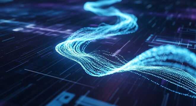 Abstract digital stream of data flowing across a dark futuristic background