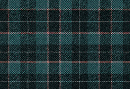 Close up of a dark teal and green plaid fabric texture with subtle red grid lines, a soft wool weave suitable for fashion, upholstery, crafts, and cozy winter apparel design
