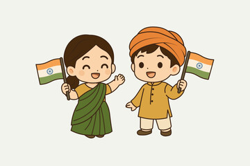 Happy Kids Celebration India Independence Days with Waving Flag