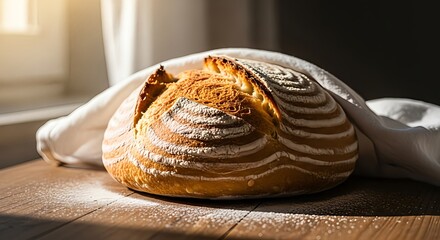 Golden crust sourdough loaf, freshly baked and partially draped in a white linen cloth, illuminated by warm natural light on a rustic wooden table, embodying homemade comfort and artisanal quality