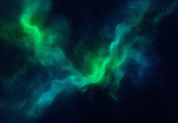 Vibrant nebula colors swirl across a dark starry expanse, showcasing a cosmic cloud of gas and dust illuminated by distant starlight in a dramatic space landscape.