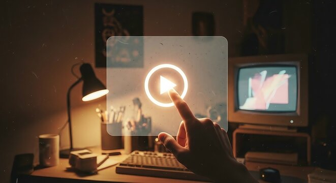 Finger pressing glowing play button on futuristic transparent screen at night