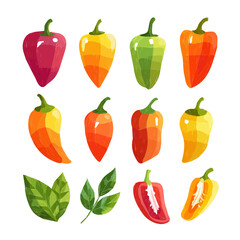 A hand drawn flat 2D illustration of Vibrant Stuffing Pepper Collection isolated on a white background, vector icon set, simple design in a flat design, simple 2D illustration, EPS format
