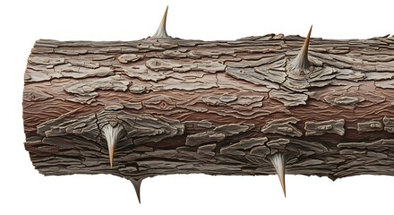 Close up of a rough tree trunk with sharp pointed thorns protruding from the bark
