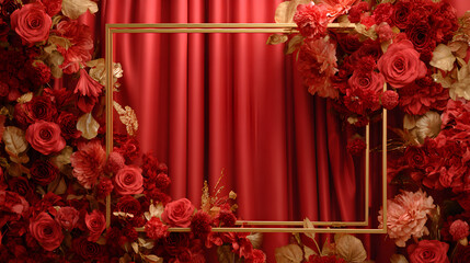 Gold frame with red roses and draped background