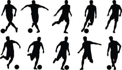 Soccer player silhouette vector set, black football action poses, dribbling, kicking, isolated sports icons for training, motion, athletic design