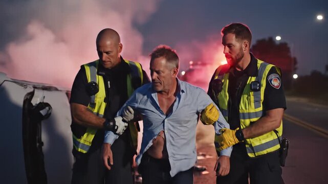 Two dedicated paramedics providing immediate assistance to a mature man after a severe traffic collision, carefully moving him away from the smoking wreckage with emergency vehicle lights flashing