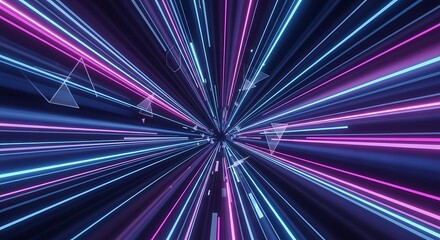 Abstract digital tunnel with neon light streaks against a dark background
