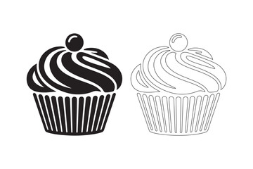 Two cupcakes one solid black and one outlined for baking or dessert design
