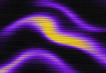 Abstract neon purple and yellow wave patterns glide on a dark background, a digital art composition with vibrant gradients dynamic energy, conveying a futuristic mood for design