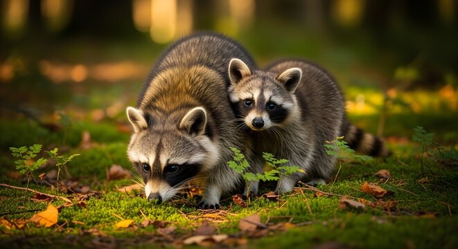Dos adorables mapaches beb&eacute;s miran hacia adelante en un entorno forestal