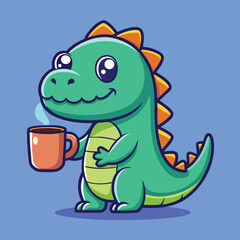 Fototapeta premium Cute happy cartoon dinosaur character holding a steaming hot mug