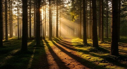 Fototapeta premium Rayos de sol en el camino del bosque de pinos; luz de la mañana