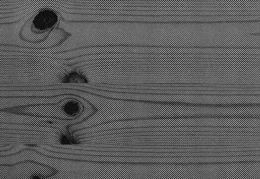 Close up of a natural wooden surface showing grain patterns, knots, and subtle texture in monochrome grayscale, ideal for design, editorial use and product presentations