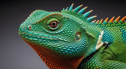 Fototapeta premium Ilustración generativa de IA de un camaleón multicolor realista con piel iridiscente en motas sobre fondo negro