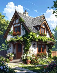 Quaint cottage with climbing vines and lush floral gardens under a blue sky.