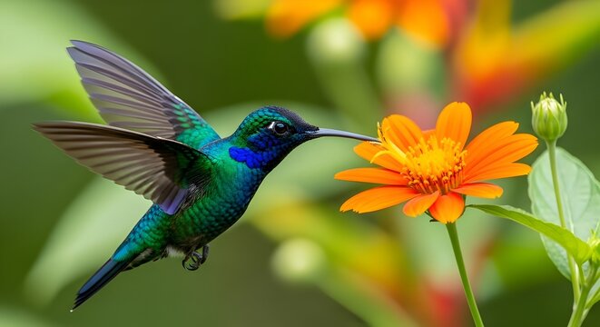 Colibr&iacute; S&iacute;lfide de cola larga, Aglaiocercus kingi con flor de naranja, en vuelo.
 Colibr&iacute; de Colombia en flor, vida silvestre de la selva tropical.