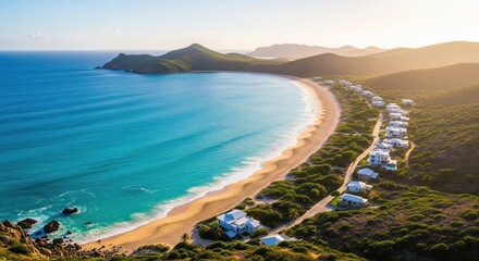 Fototapeta premium Pristine beach, turquoise water, and villas nestled in a tropical paradise. Coastal homes line a beautiful, sandy shore, bathed in golden sunlight