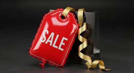 A red sale tag with a golden ribbon is attached to a black shopping bag against a dark background.
