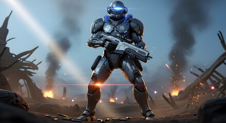 An illustration of an elite cyber soldier in blue armor holding a futuristic rifle on a smoky battlefield. The concept highlights futuristic military power with cyber and science-fiction elements.
