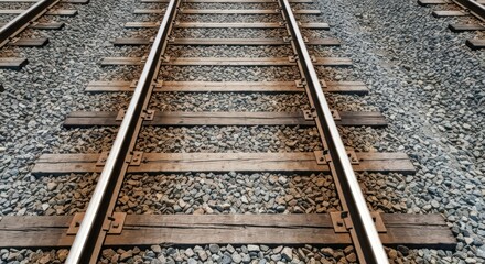 Fototapeta premium Railroad tracks perspective. Close-up view of parallel train tracks, wooden ties, and gravel ballast. Detailed view of metal rails and support structures