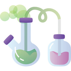 Chemistry experiment with colorful liquid in laboratory glass flasks and green smoke rising on transparent background