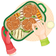 Chef garnishing grilled meats and vegetables with salt in a green baking dish with a light orange circular background and a small bowl of seasoning.