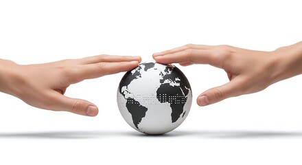 Hands cupped around a miniature world globe symbolizing care, conservation, and global unity