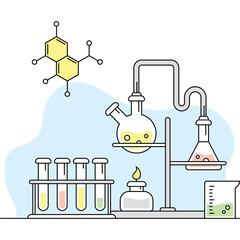 Chemistry Laboratory Setup With Distillation Apparatus Test Tube And Beaker And Molecular Structure In Blue Background