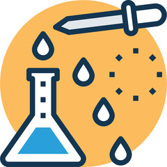 Chemistry Experiment With Dropper Adding Liquid To Flask And Bubbles Floating In Orange Circle Background With Dark Blue Dots