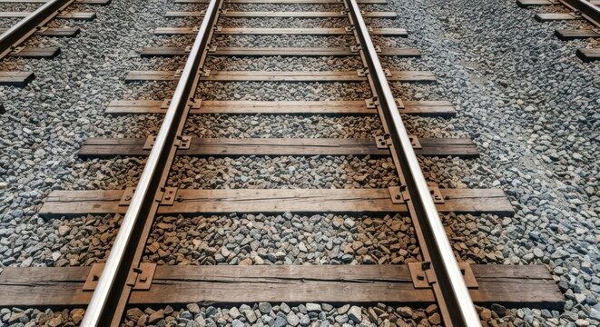 Railroad tracks perspective. Close-up view of parallel train tracks, wooden ties, and gravel ballast. Detailed view of metal rails and support structures