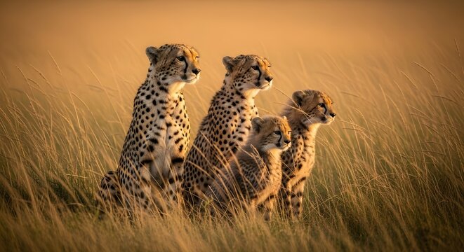 Madre guepardo con sus dos cachorros sentados en altos pastos de sabana, mirando a la c&aacute;mara, un retrato &iacute;ntimo de la vida silvestre en su h&aacute;bitat natural