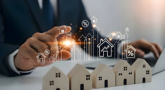 Real estate agent holding keys with digital overlay of houses and buildings